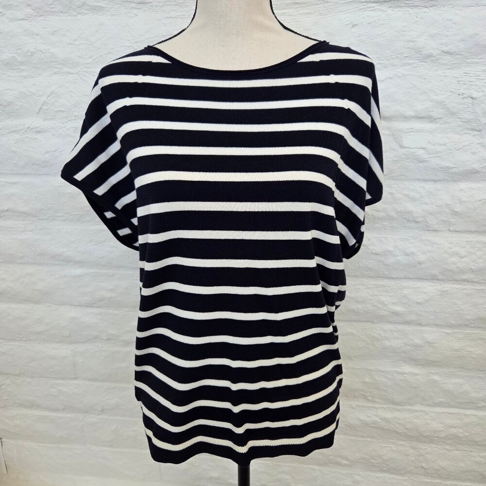 LOFT Top Womens Small Blue White Navy Stripe Cap Sleeve Sweater Shirt Blouse - Picture 3 of 11